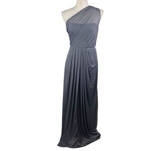 New Pewter Gray Long Formal Dress One Shoulder Mesh Size 6 Bridesmaid Pleated
